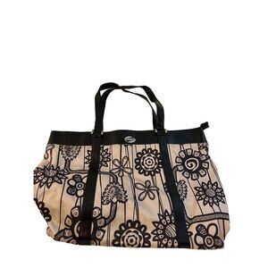 American Tourister travel bag tote 19x13" Black Beige Flowers Purple lined